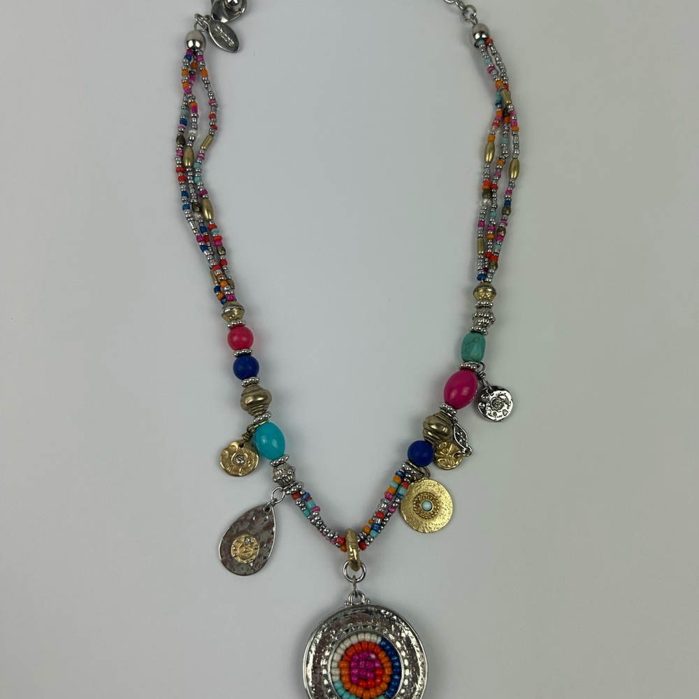 Chico’s Colorful Beaded Necklace with Silver Accents Native Vibe 15” Medallion